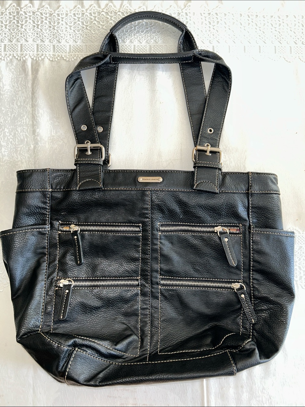 Franco Sarto Black Leather Zip-Front Tote